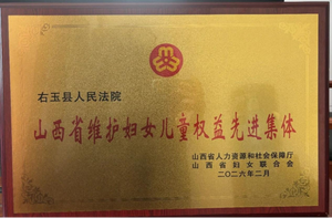右玉法院荣获&ldquo;山西省维护妇女儿童权益先进集体&rdquo;称号